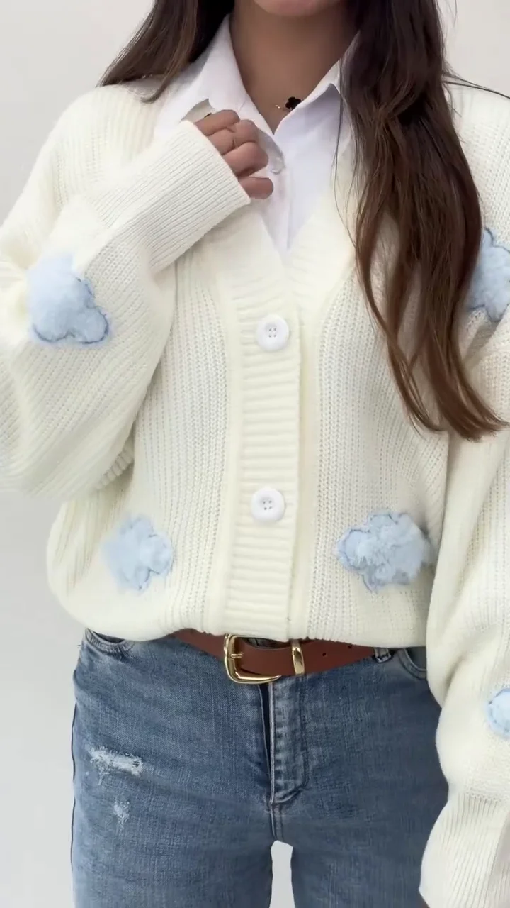 Women's Cute Cloud Patch Knitted Cardigan Warm Stylish Casual Daily Wear